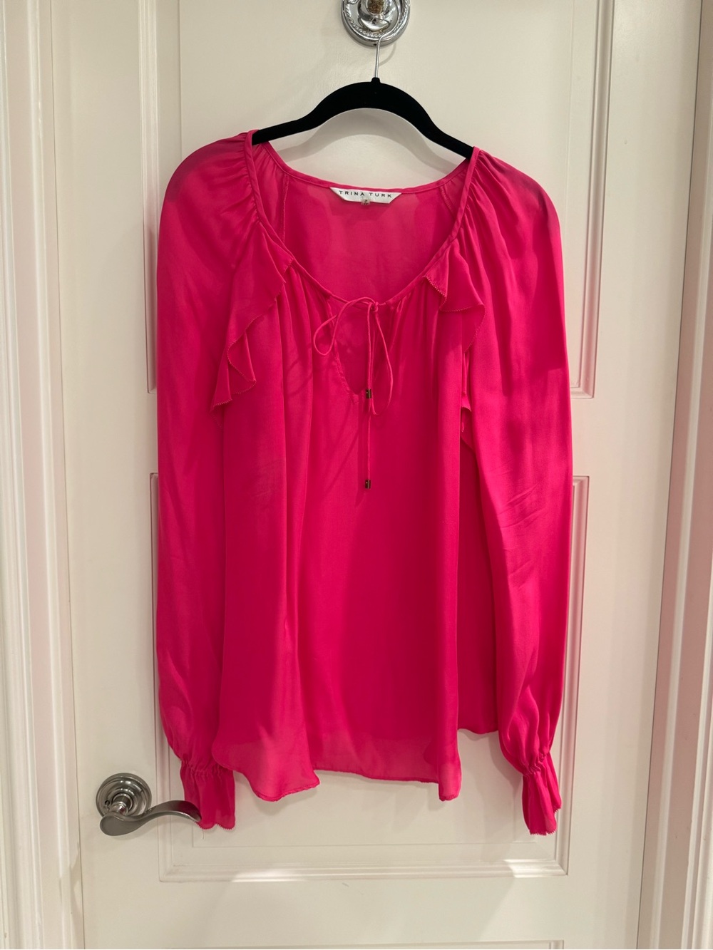 Trina Turk Hot Pink Ruffle Tie-Neck Silk Blouse